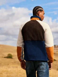 Ochre Orange/Ecru Neutral Colourblock Zip Through Funnel Fleece