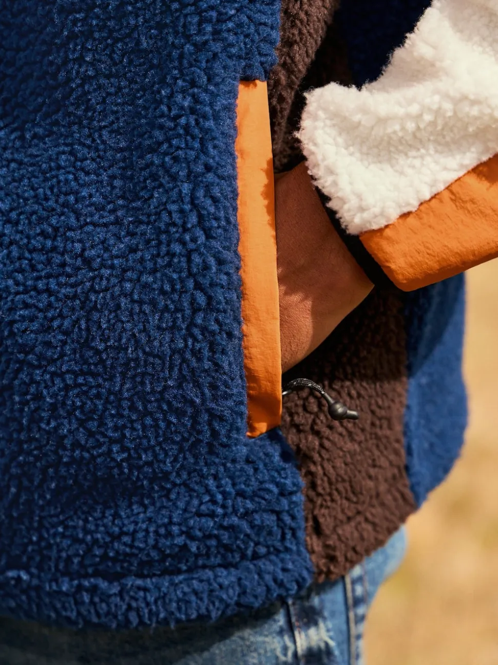 Ochre Orange/Ecru Neutral Colourblock Zip Through Funnel Fleece