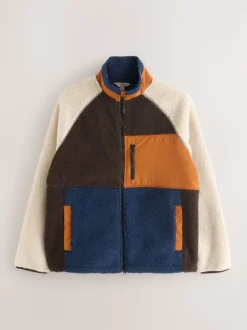 Ochre Orange/Ecru Neutral Colourblock Zip Through Funnel Fleece