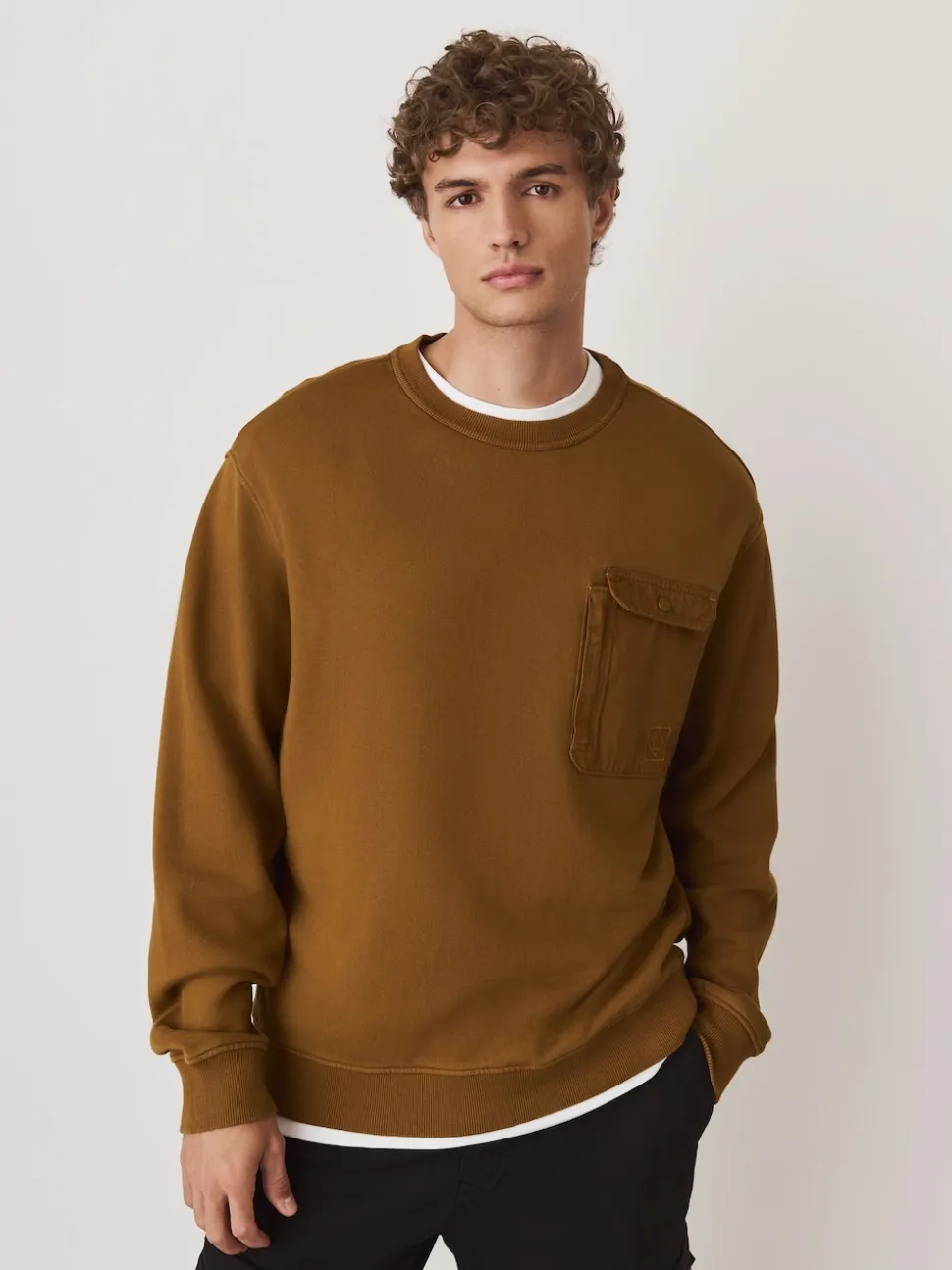 Ochre Yellow Garment Washed Utility Crew Neck Sweatshirt