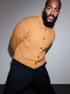 Ochre Yellow Regular Fit Twin Pocket Collared Cardigan with Wool