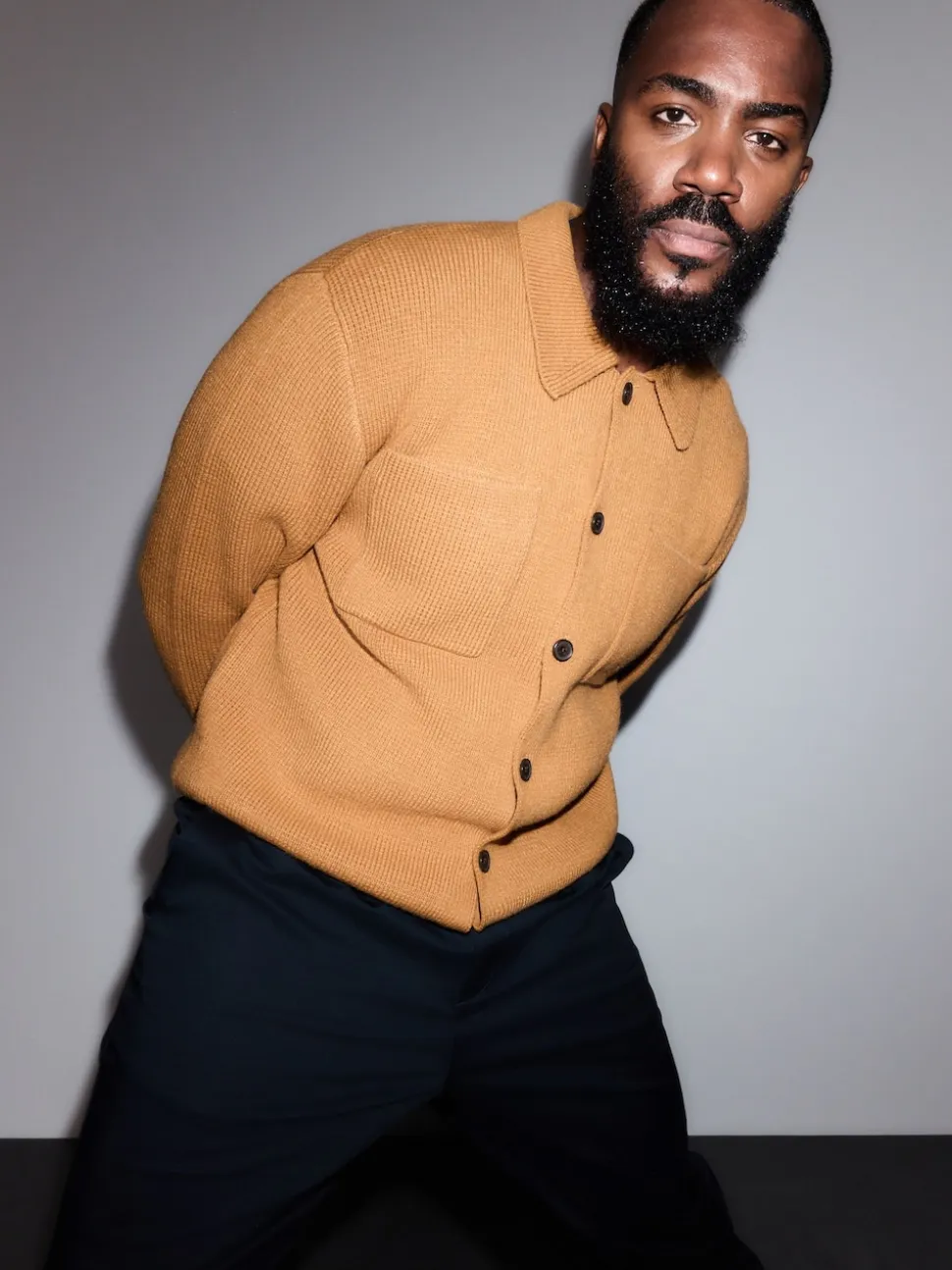 Ochre Yellow Regular Fit Twin Pocket Collared Cardigan with Wool