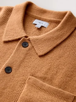 Ochre Yellow Regular Fit Twin Pocket Collared Cardigan with Wool