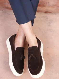 Off The Hook Brown Rory Suede Tassel Loafers with Flat Sole