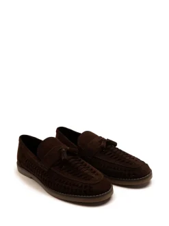 Off The Hook Brown Tiger Tassel Suede Leather Slip-On Loafers with Woven Detail