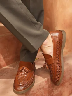 Off The Hook Dark Brown Tiger Tassel Suede Leather Slip-On Loafers with Woven Detail