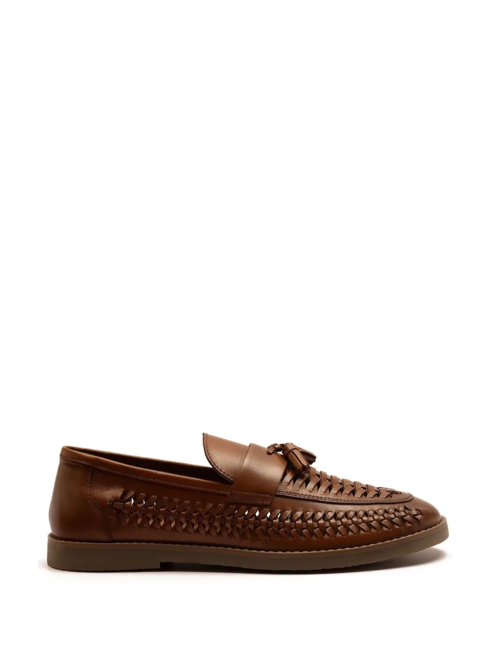 Off The Hook Dark Brown Tiger Tassel Suede Leather Slip-On Loafers with Woven Detail