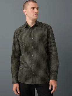 Olive Green Gingham Regular Fit Check Soft Touch 100% Cotton Smart Long Sleeve Shirt
