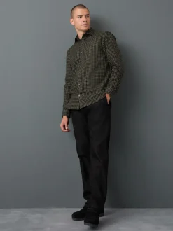 Olive Green Gingham Regular Fit Check Soft Touch 100% Cotton Smart Long Sleeve Shirt