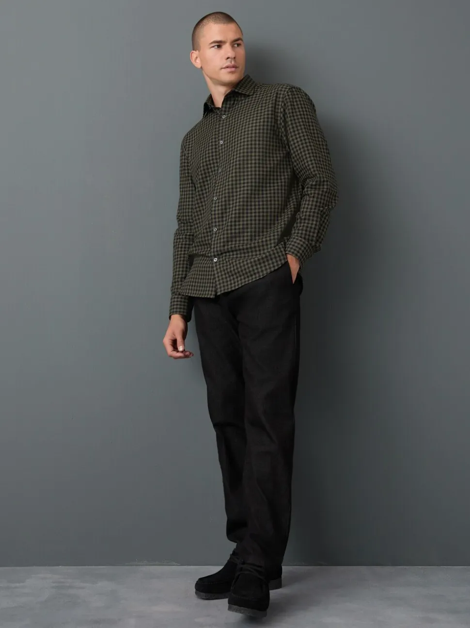 Olive Green Gingham Regular Fit Check Soft Touch 100% Cotton Smart Long Sleeve Shirt