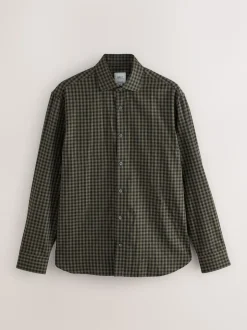 Olive Green Gingham Regular Fit Check Soft Touch 100% Cotton Smart Long Sleeve Shirt