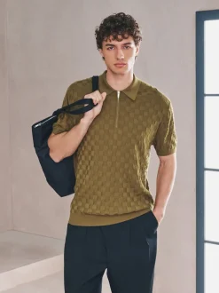 Olive Green N.Premium Regular Fit Checkerboard Knitted Short Sleeve Zip Neck Polo Shirt