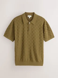 Olive Green N.Premium Regular Fit Checkerboard Knitted Short Sleeve Zip Neck Polo Shirt