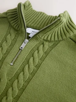 Olive Green Regular Fit Cotton Rich Cable Quarter Zip Neck Jumper