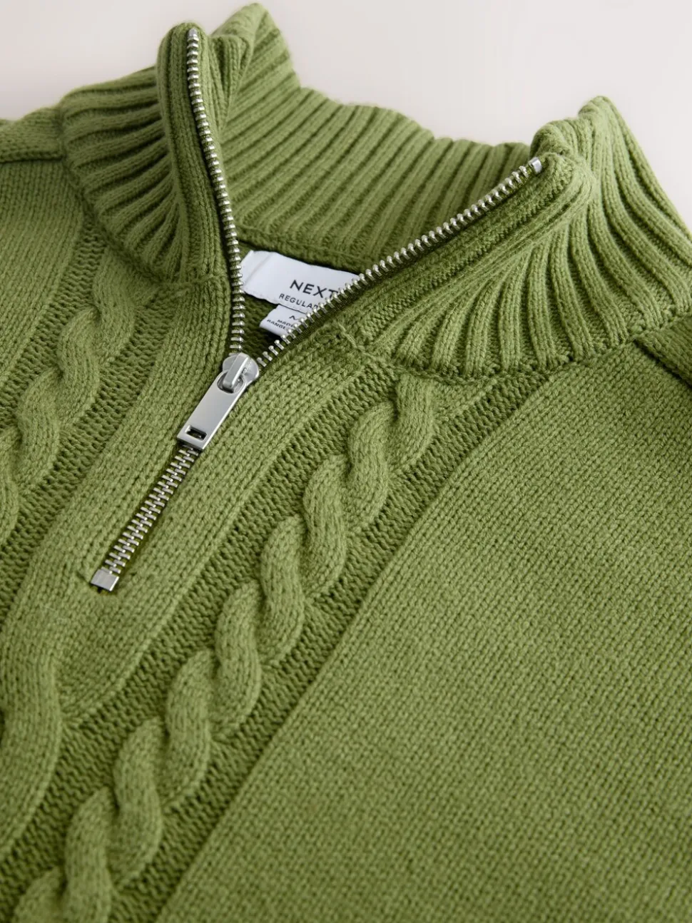 Olive Green Regular Fit Cotton Rich Cable Quarter Zip Neck Jumper