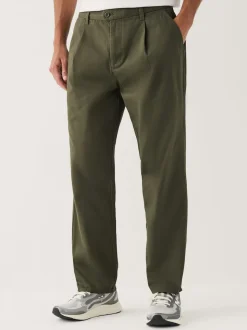 Olive Green Regular Tapered Fit Single Pleated Stretch Chinos Trousers