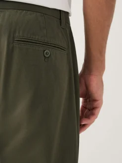 Olive Green Regular Tapered Fit Single Pleated Stretch Chinos Trousers
