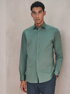 Olive Green Slim Fit Cotton Stretch Long Sleeve Formal Shirt
