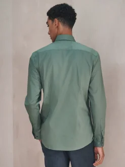Olive Green Slim Fit Cotton Stretch Long Sleeve Formal Shirt