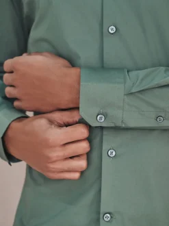 Olive Green Slim Fit Cotton Stretch Long Sleeve Formal Shirt