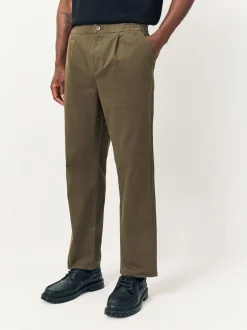 Olive Green Straight Fit Pleated Stretch Chinos Trousers With Elasticated Waist