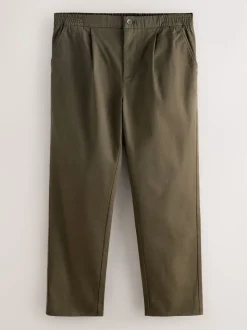 Olive Green Straight Fit Pleated Stretch Chinos Trousers With Elasticated Waist