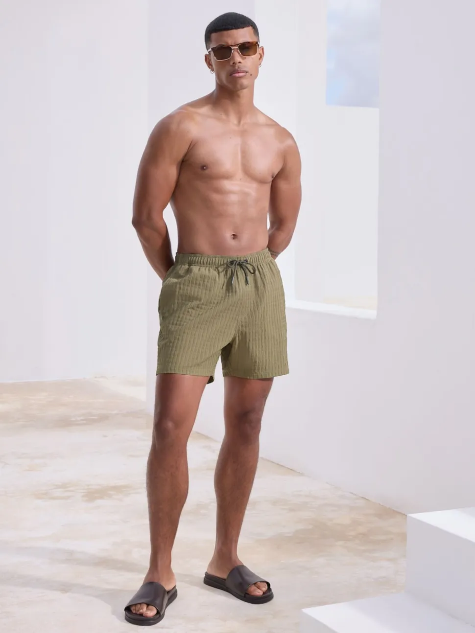 Olive Green Waffle Textured Swim Shorts