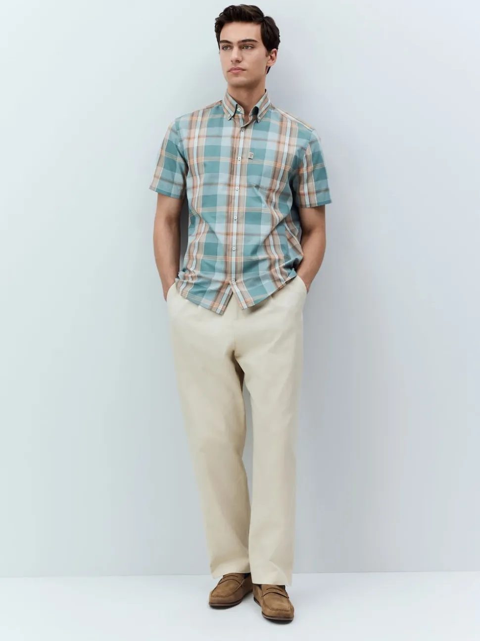 Petrol Blue/Neutral Madras Check Regular Fit Short Sleeve Easy Iron Button Down Oxford Shirt