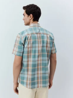 Petrol Blue/Neutral Madras Check Regular Fit Short Sleeve Easy Iron Button Down Oxford Shirt