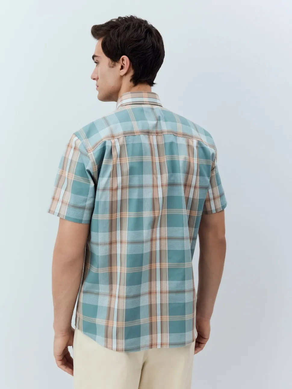 Petrol Blue/Neutral Madras Check Regular Fit Short Sleeve Easy Iron Button Down Oxford Shirt