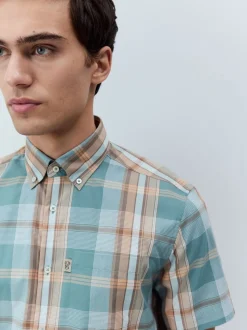 Petrol Blue/Neutral Madras Check Regular Fit Short Sleeve Easy Iron Button Down Oxford Shirt