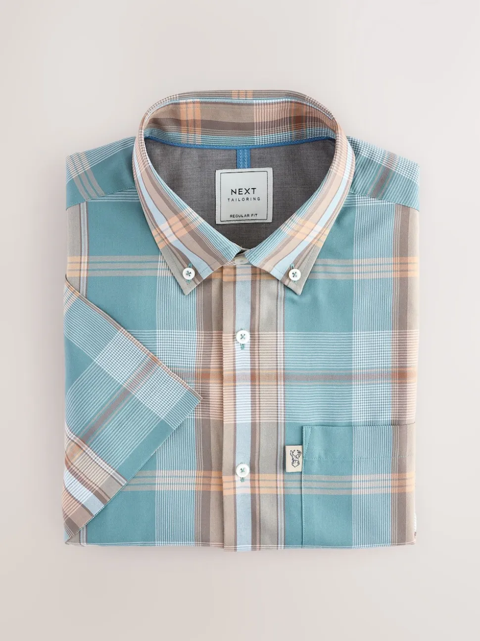 Petrol Blue/Neutral Madras Check Regular Fit Short Sleeve Easy Iron Button Down Oxford Shirt