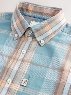Petrol Blue/Neutral Madras Check Regular Fit Short Sleeve Easy Iron Button Down Oxford Shirt