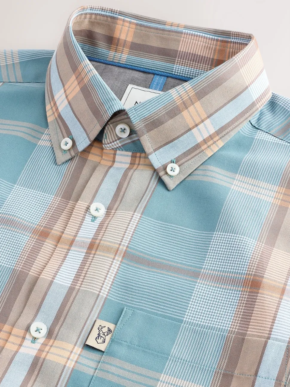 Petrol Blue/Neutral Madras Check Regular Fit Short Sleeve Easy Iron Button Down Oxford Shirt