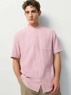 Pink Grandad Collar Cotton Linen Blend Short Sleeve Shirt