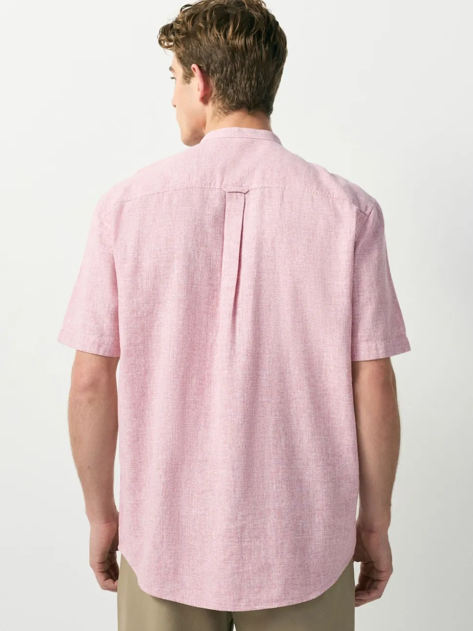 Pink Grandad Collar Cotton Linen Blend Short Sleeve Shirt