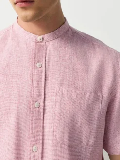 Pink Grandad Collar Cotton Linen Blend Short Sleeve Shirt