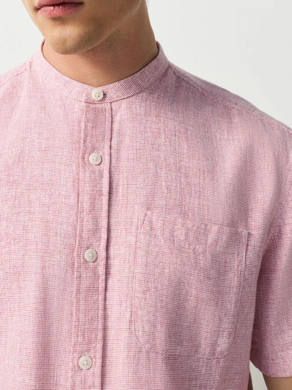 Pink Grandad Collar Cotton Linen Blend Short Sleeve Shirt