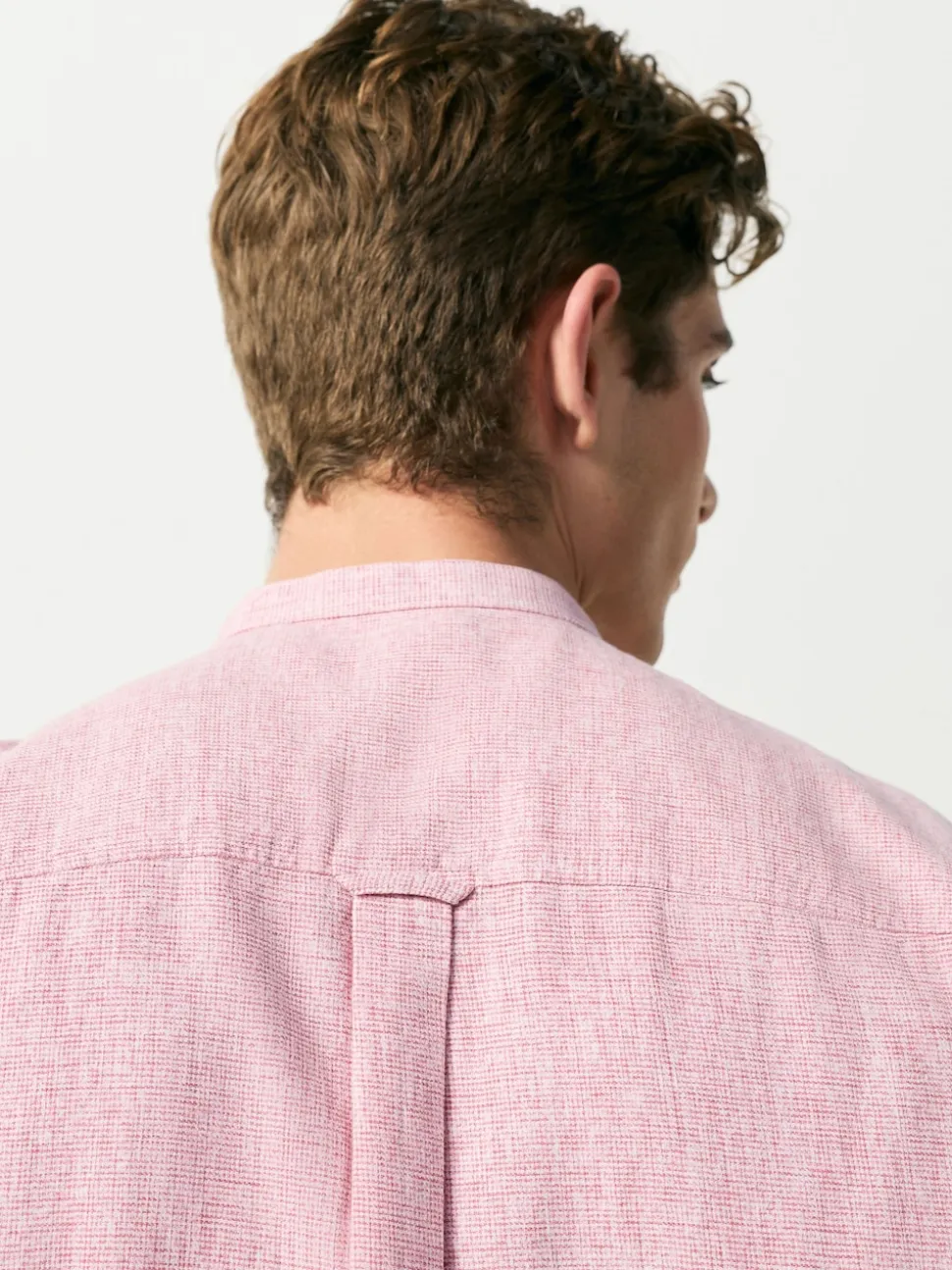 Pink Grandad Collar Cotton Linen Blend Short Sleeve Shirt