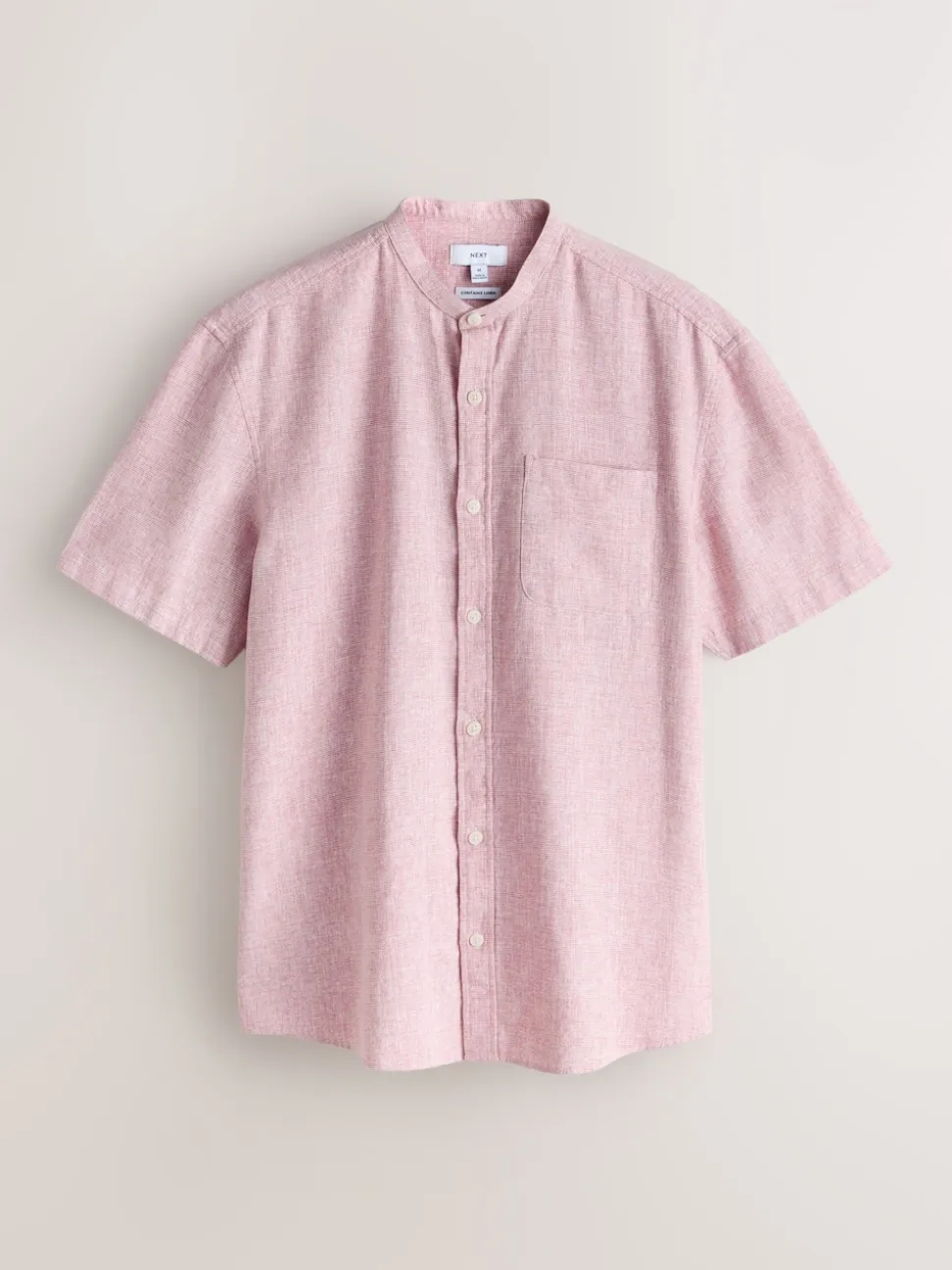 Pink Grandad Collar Cotton Linen Blend Short Sleeve Shirt