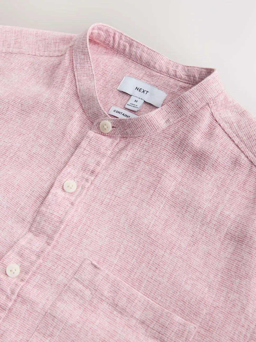 Pink Grandad Collar Cotton Linen Blend Short Sleeve Shirt