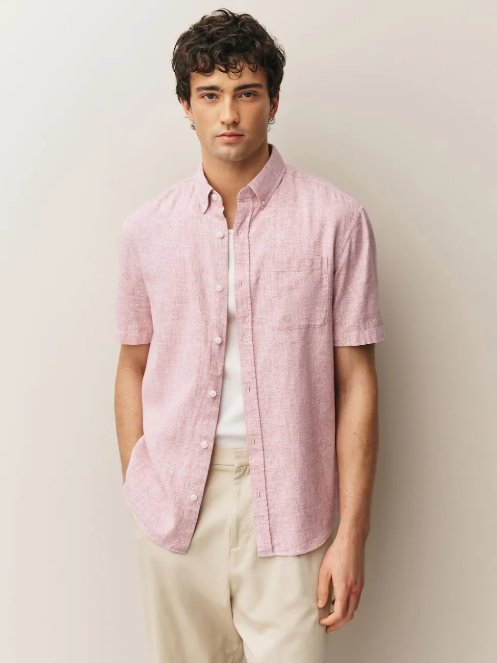 Pink Standard Collar Cotton Linen Blend Short Sleeve Shirt