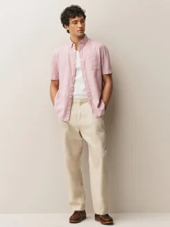 Pink Standard Collar Cotton Linen Blend Short Sleeve Shirt