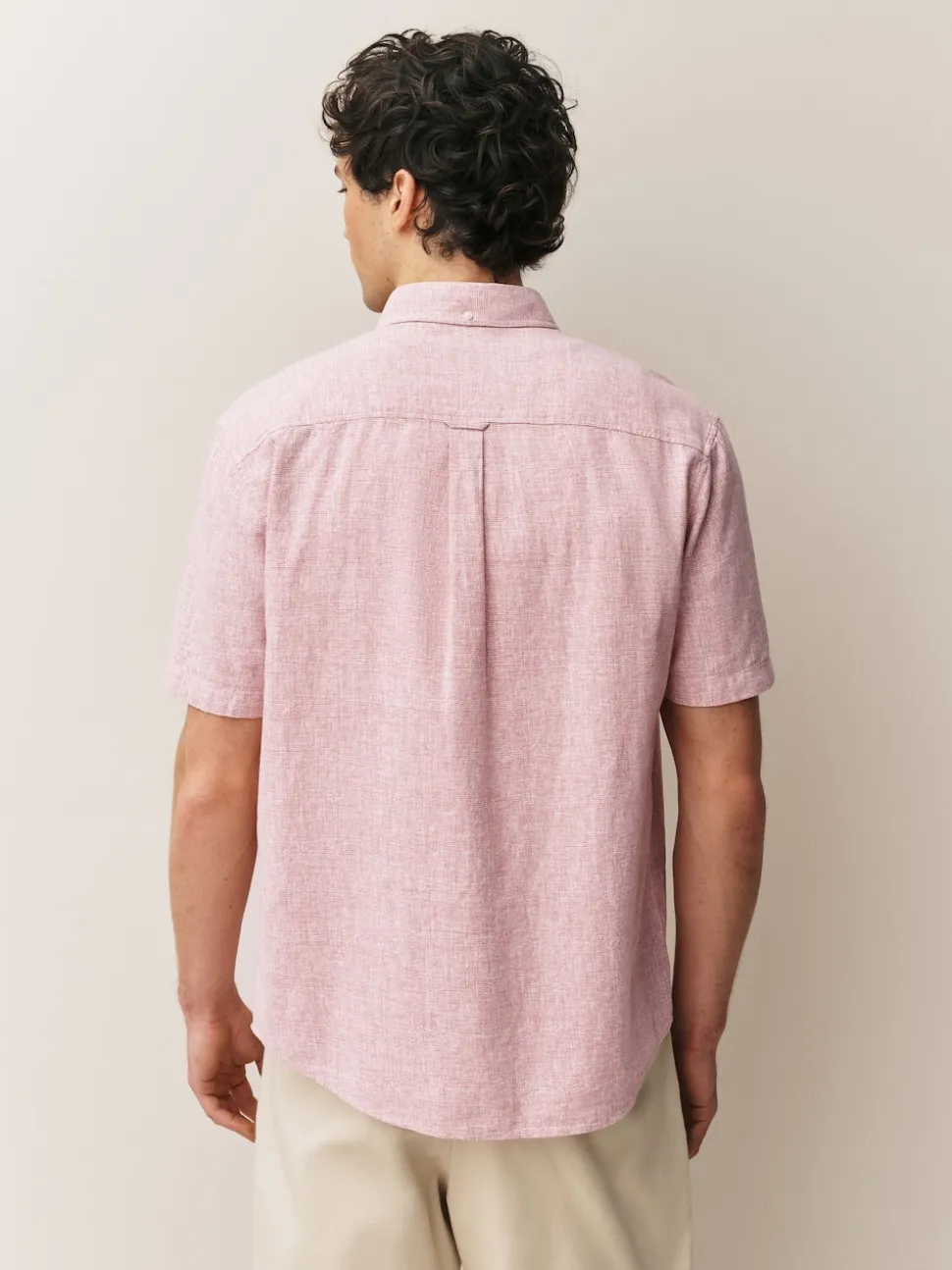 Pink Standard Collar Cotton Linen Blend Short Sleeve Shirt