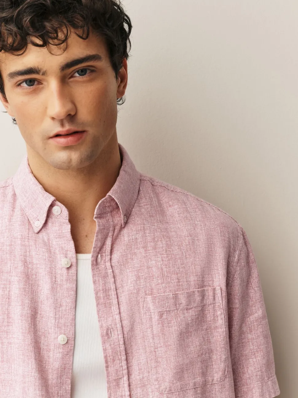 Pink Standard Collar Cotton Linen Blend Short Sleeve Shirt