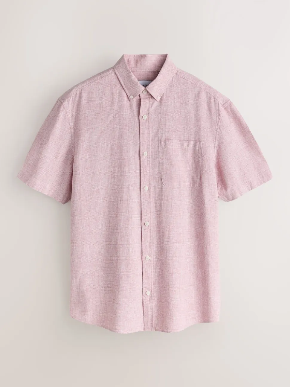 Pink Standard Collar Cotton Linen Blend Short Sleeve Shirt