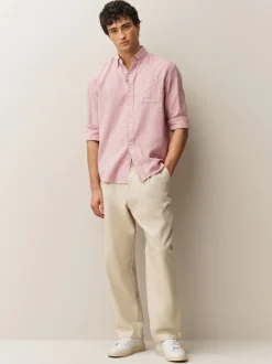 Pink Standard Collar Cotton Linen Blend Long Sleeve Shirt