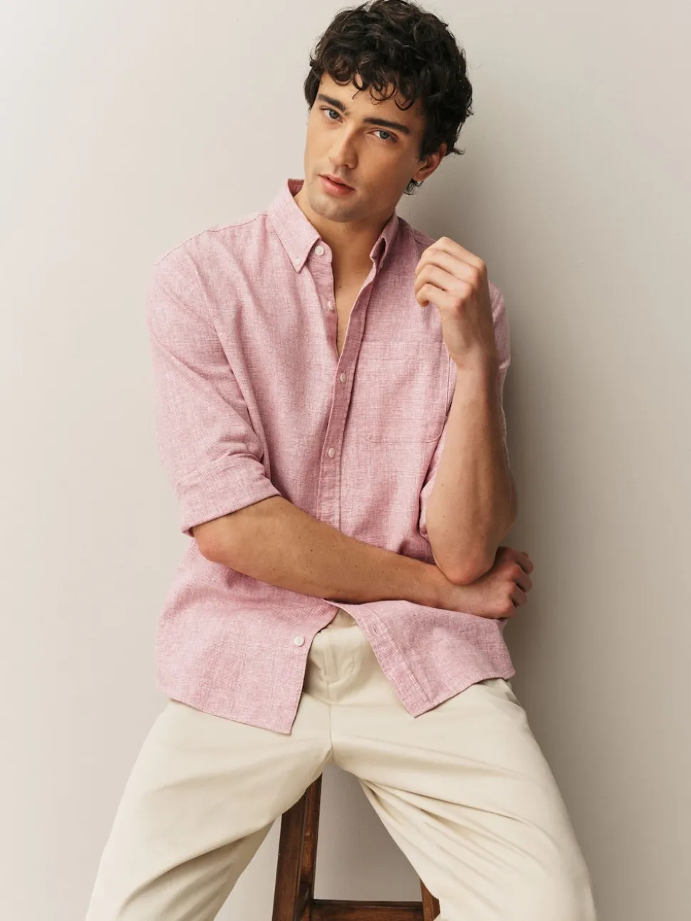 Pink Standard Collar Cotton Linen Blend Long Sleeve Shirt