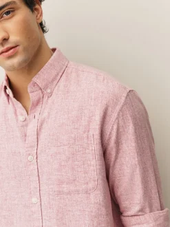Pink Standard Collar Cotton Linen Blend Long Sleeve Shirt