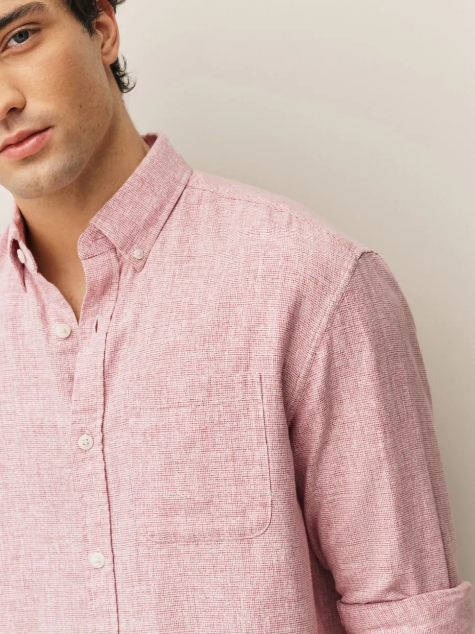Pink Standard Collar Cotton Linen Blend Long Sleeve Shirt